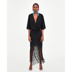 Black Fringed Tassel Macrame Crossover Midi Dress